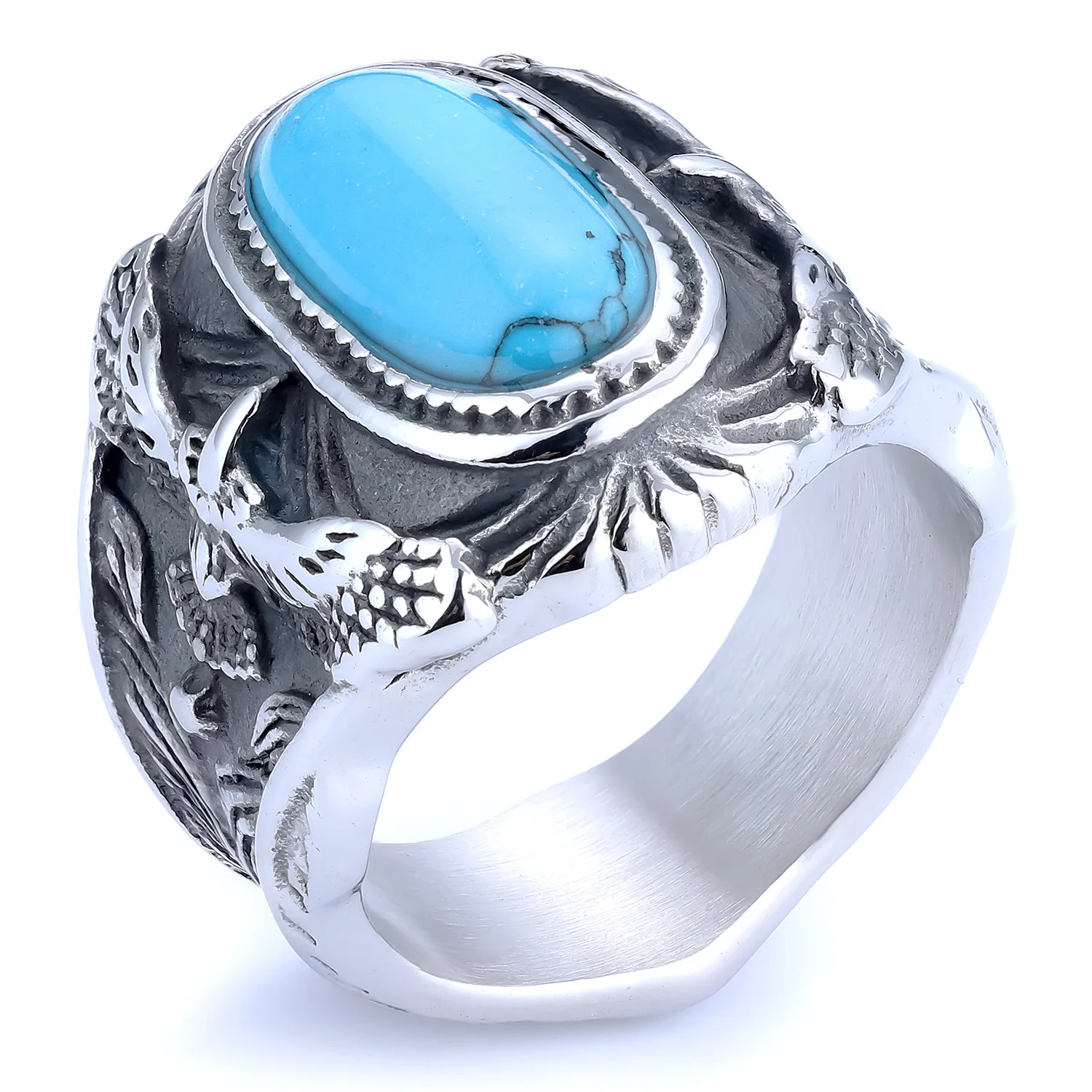 Retro 925 Silver Ring With Personalized Carved Pattern, Turquoise Ring, Eagle Blue Turquoise Men's Ring 4