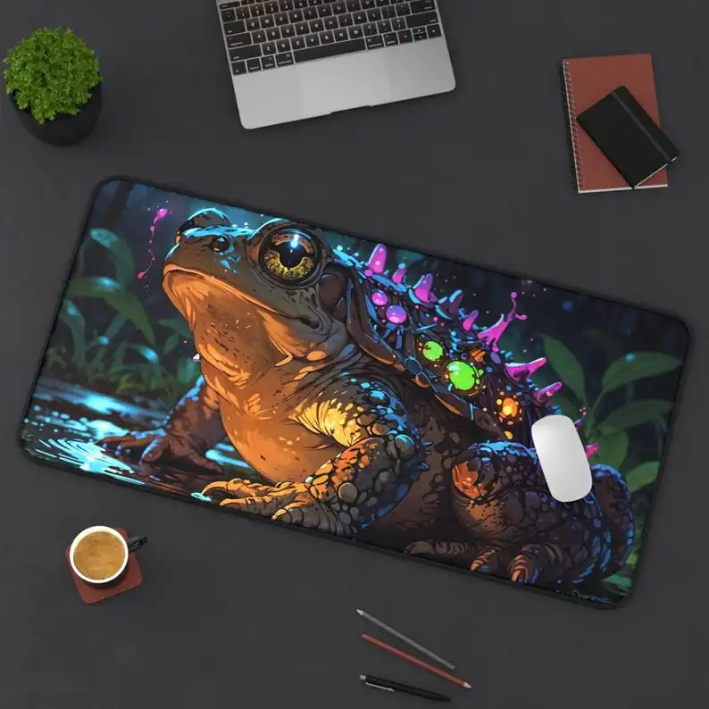 Cute Celestial Frog Desk Mat - Non-slip Mouse Pad with Vibrant Colors and Stitched Edges for Workspaces and Gaming Setups