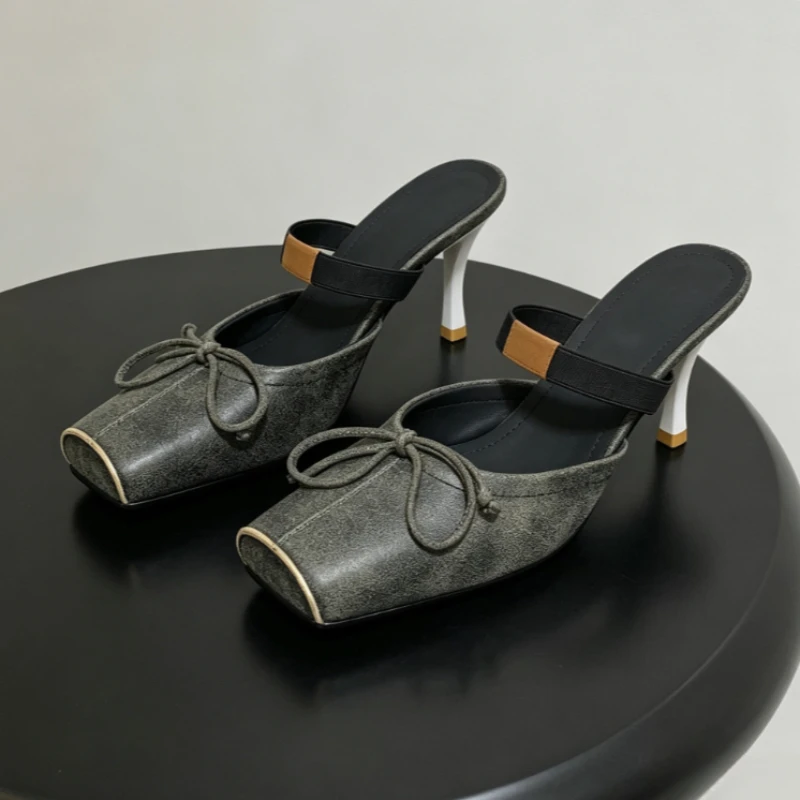 Bow Details Retro High Heels Women Mules Style Square Toe Stiletto Heel Party Shoe Ladies Elegance Pump Designer Slingback Shoes
