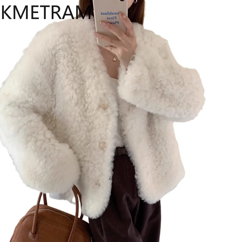 

KMETRAM 100% Natural Tuscany Wool Sheepskin Real Fur Coat V-Neck White Jacket Versatile Winter Woman Clothing 2025 vestes femmes