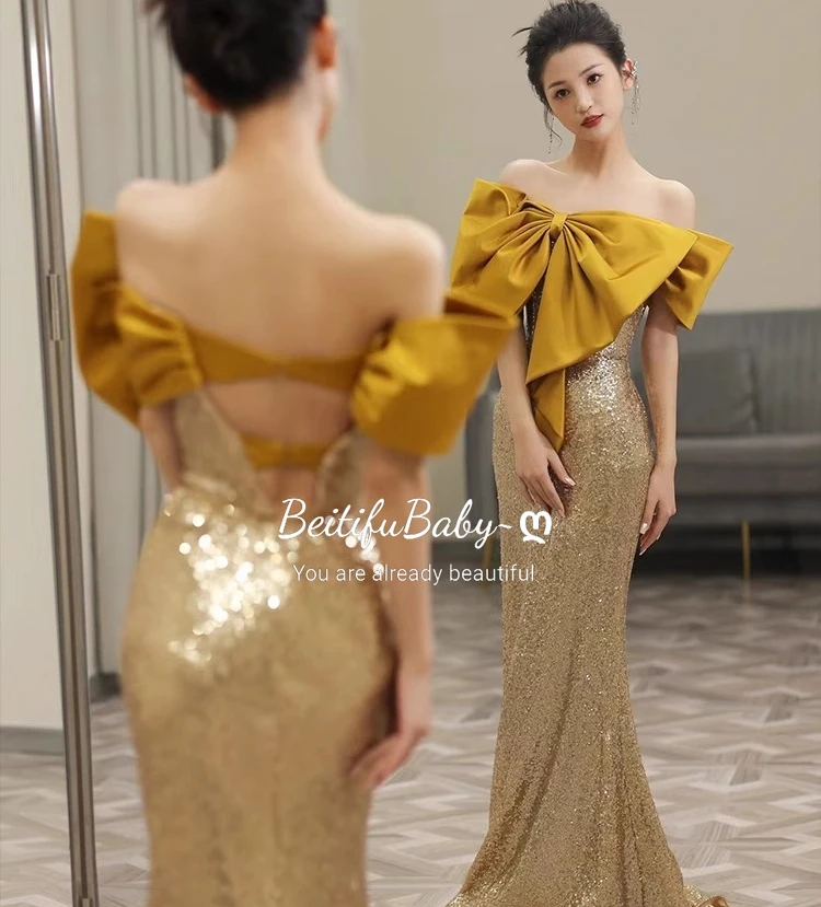 BeitifuBaby Palace Style Golden Evening Dress for Women Strapless Bow Neck Off The Shoulder Mermaid Gown Banquet Formal Dresses