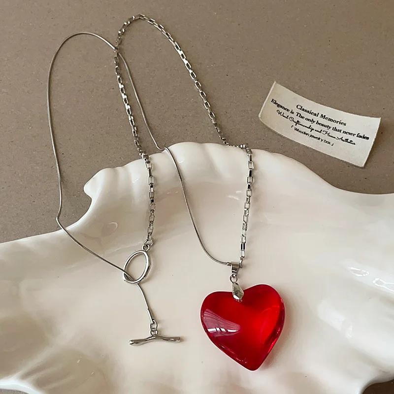 Minar na moda transparente vermelho preto amarelo vidro coração pingente colares para mulheres prata oco link corrente alternar fecho gargantilhas