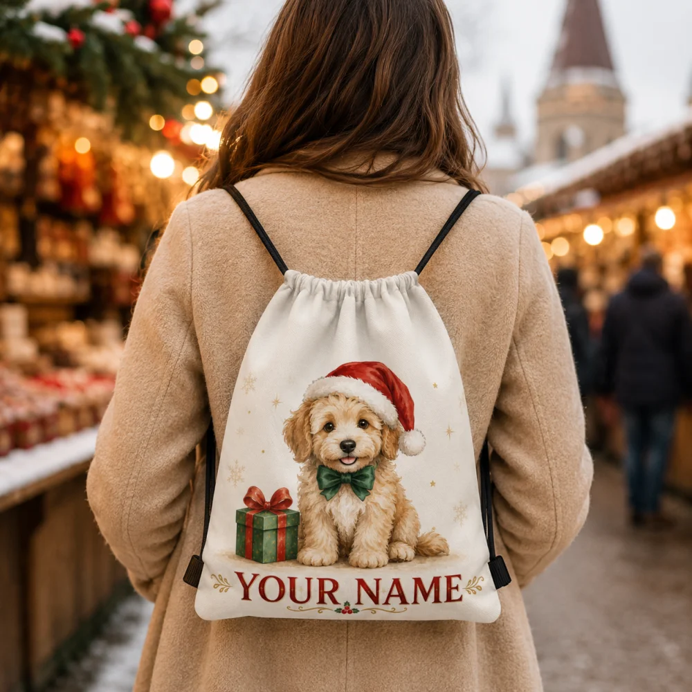 Polyester Custom Name Drawstring Backpack, Cute Christmas Puppy Pattern Shoulder Sack, X‑mas Holiday Gift Bag