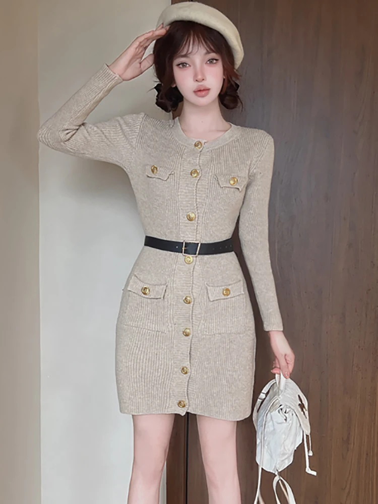 Outono inverno preto de malha único breasted mini vestido feminino elegante casual bandage vestido 2025 moda coreana chique vestidos de festa
