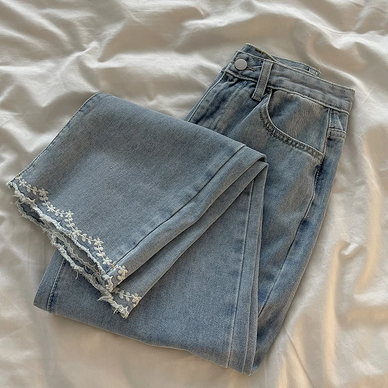 Jeans de babados bordados cintura alta feminina, calça jeans reta azul clara, chique, chique, primavera, outono, nova, 2024