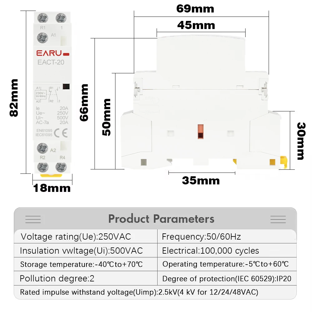 2P 16A 20A 25A 1NO 1NC 2NO 2NC AC 220V 230V 50/60Hz Din Rail Mounted Household Modular AC Contactor for Smart Home House Hotel