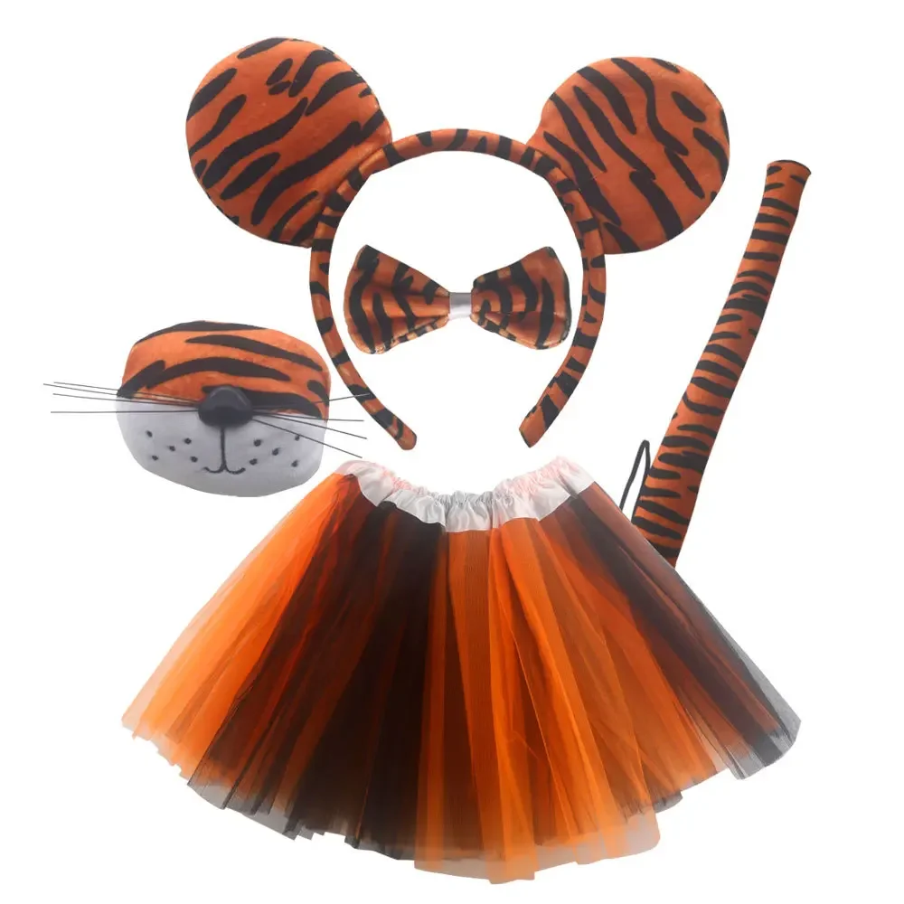 Girls Animal Tiger  Ears Headband Bow Nose Tails Skirt  Set   Party Accessories   Birthday Halloween Costume Cosplay