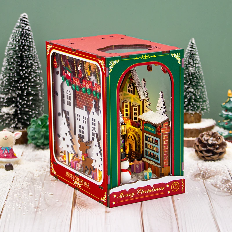 DIY Wooden Winter of Christmas Book Nook Insert Shelf Kits Wooden Miniature Model Kit Casa Bookend Handmade Bookshelf Gifts