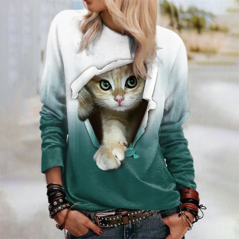 

Women Sweater T Shirt Fashion Cat Tops Harajuku Long Sleeve 3d T-shirt Animal Graphic Pullover Street Cotton Casual O Neck Shirt