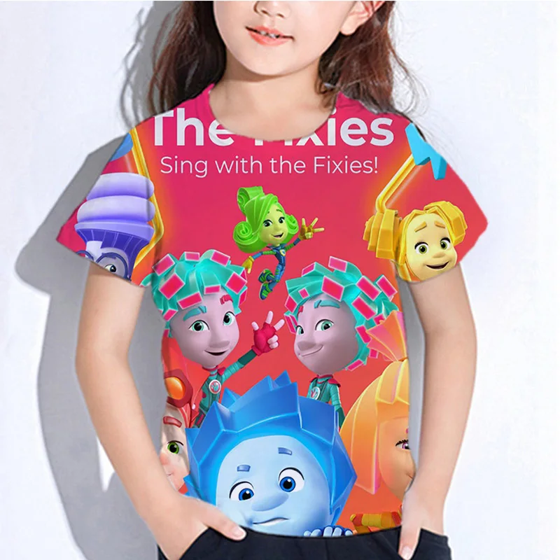 Футболка с забавным игровым узором The Fixies, детская футболка с 3D принтом и коротким рукавом для девочек, повседневный топ, модные узоры, футболка на заказ Y2k
