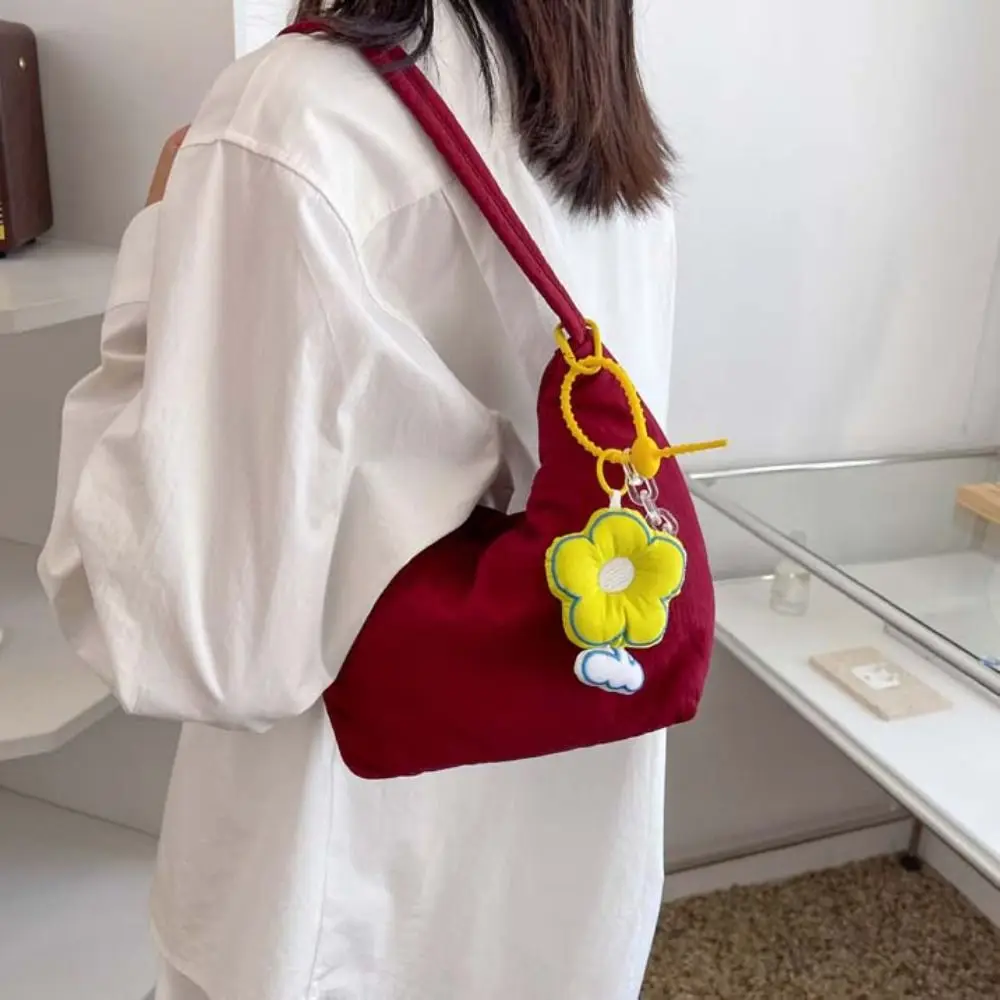 Korean Style Solid Color Hand Bag with Flower Pendant Large Capacity Light Soft Nylon Bag Zipper Dumplings Bag Shoulder Bag