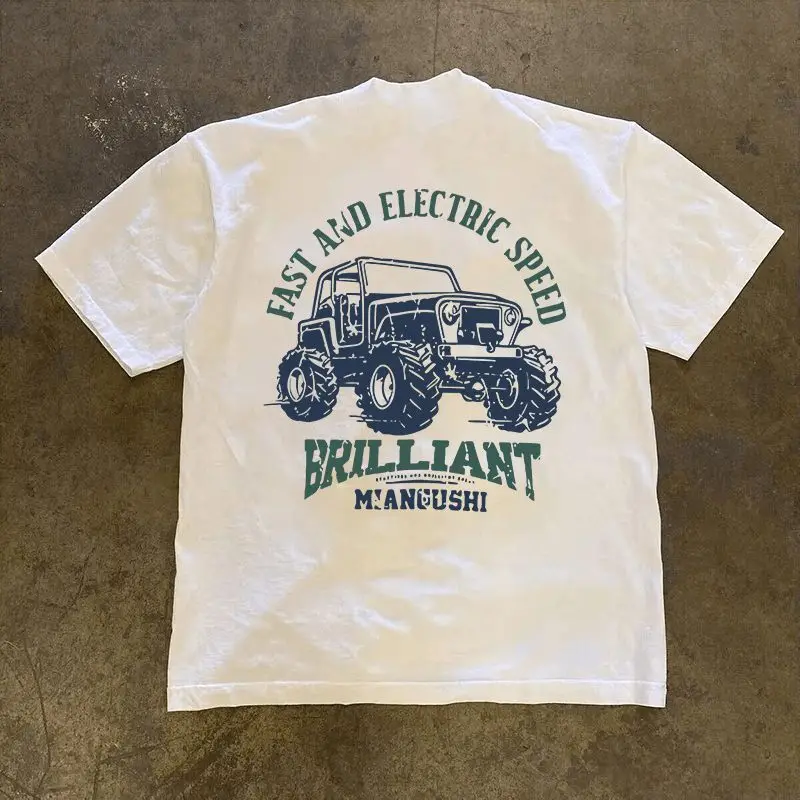 تي شيرت American High Street Retro كبير مطبوع عليه سيارة فضفاض ومريح من القطن الخالص بأكمام قصيرة لكل من الرجال والنساء