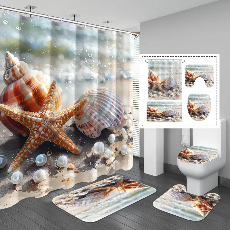 1/4pcs GIBELLE Shells starfish bathroom decor set, waterproof polyester shower curtain with hook, machine washable woven