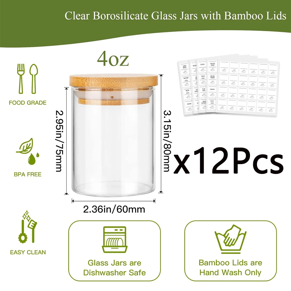 4oz Glass Spice Jars with Bamboo Lids Clear Borosilicate Glass Food Storage Containers with Wooden Airtight Lids, Cylinder Glass