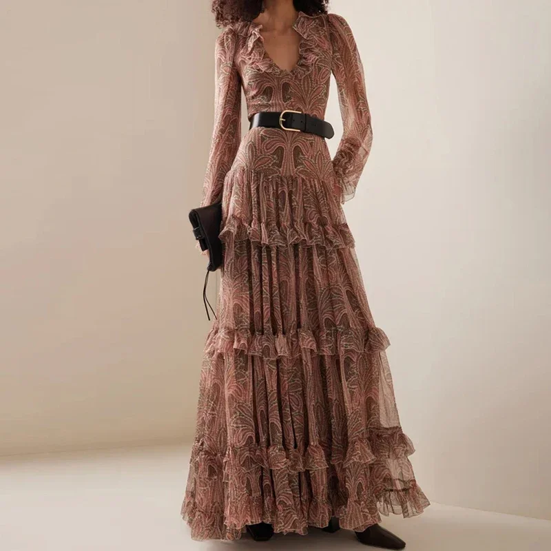 

FDEY Autumn Casual Bohemia Dresses Elegant V-neck Ruffled High Waist Evening Dress Women Fashion Printed Mesh Pleated Long Dress