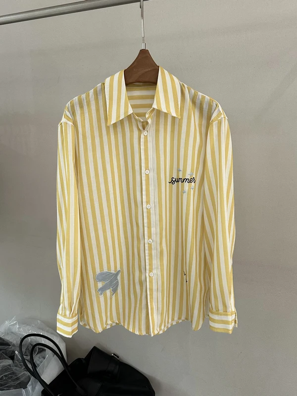 

Повседневная женская рубашка из чистого хлопка с полосками, вышивкой букв и птиц, длинным рукавом, отложным воротником, весна-лето, антивозрастная, B...