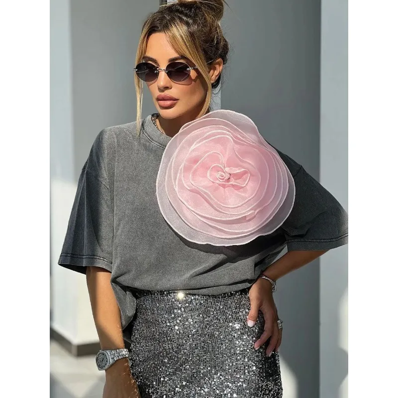 

Винтажная футболка с эффектом потертости в уличном стиле, эстетичная и шикарная, с цветочным принтом, женская повседневная хлопковая футболка с коротким рукавом