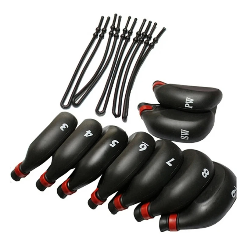 9Pcs Black PVC Golf Iron Headcover with String Golf Club Head Cover Protector 448D