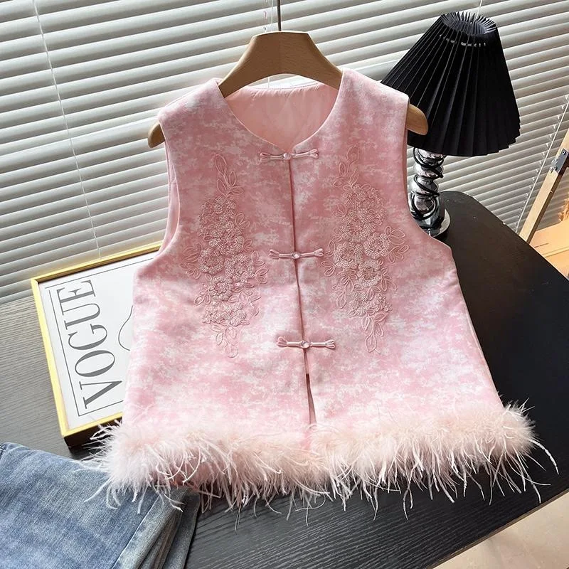 

2026 New Chinese Style Tang Clothes Feather Trim Qipao Top Women Autumn Spring Jacket Sleeveless Chesongam Vest Tops Outwear