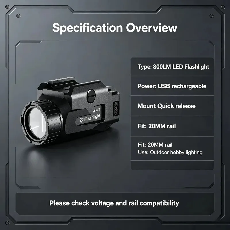 Outdoor Activity Lighting 800LM LED Flashlight USB Rechargeable Quick Release 20MM Rail Support