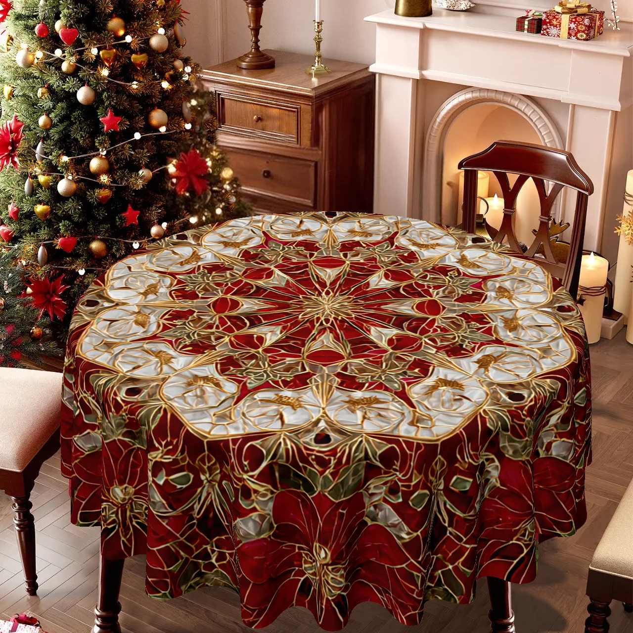 1 piece Christmas style home kitchen dining room printed round tablecloth, table accessories tableware tablecloth