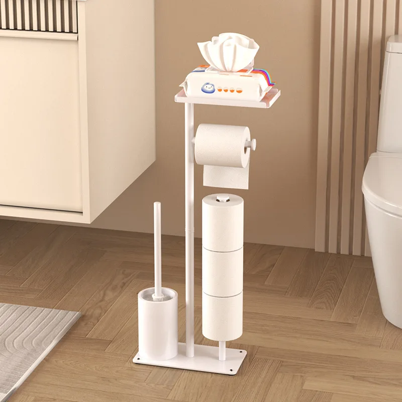 

Freestanding Bathroom Tissue Holder — Vertical, Movable Toilet Paper Storage Rack with Nail-Free Design and Integrated Toilet Br