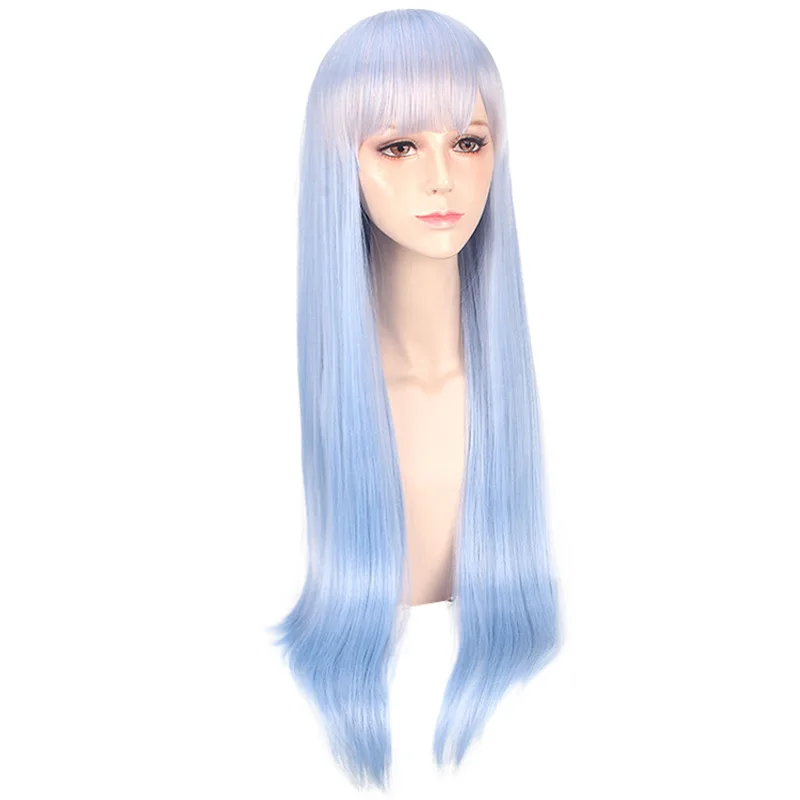 Wig Cosplay Sintetis Rambut Panjang Biru Merah Muda untuk Wanita Pesta Kostum Anime Serat Tahan Panas untuk Berdandan