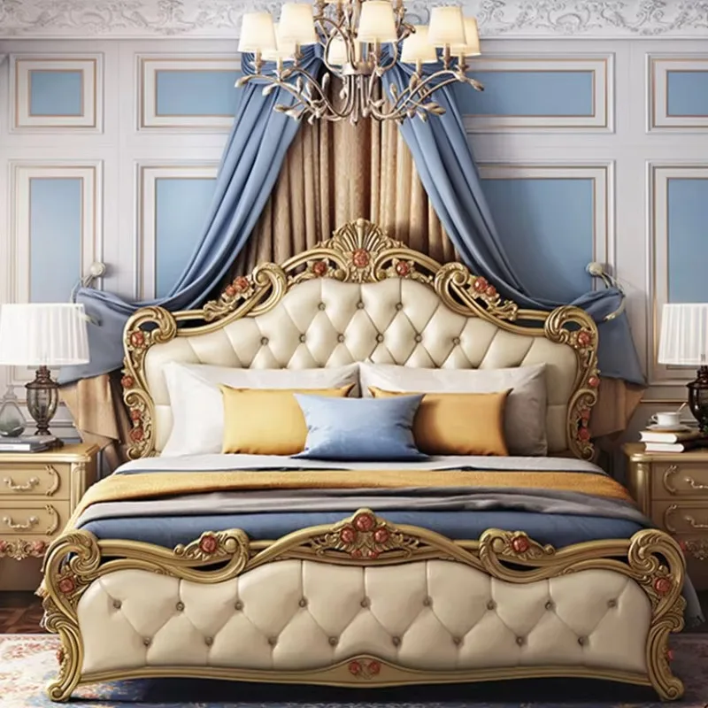 

European Wood Storage Double Bed Frame Gold Carved Modern Frame Queen Bed Luxury Princess Letto Matrimoniale Bedroom Furniture
