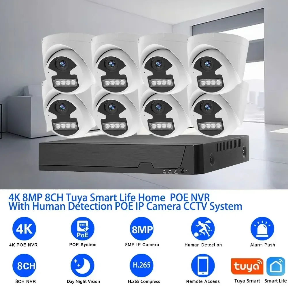 Smart Life 4K POE Dome Security Camera System Set 8CH 4K NVR Kit Indoor Human Detection CCTV IP Camera Video Surveillance System