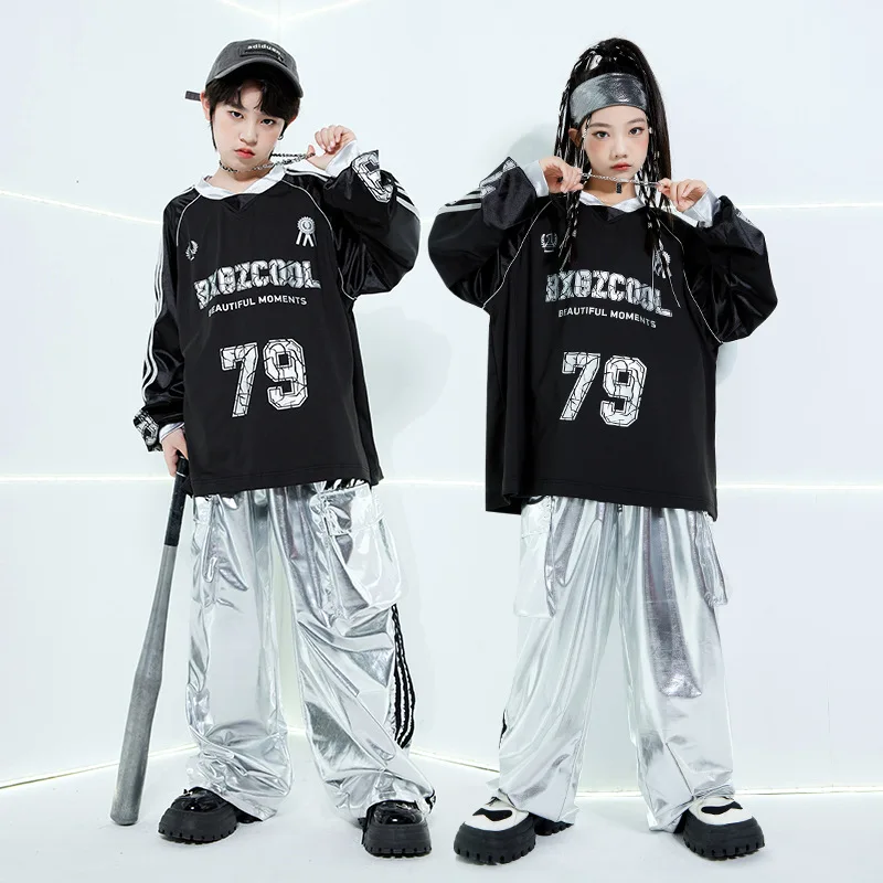 Kids Boys Girls Streetwear Hip Hop Long Sleeve Football T-shirt Silver Leather Cargo Pant Sets Tracksuit Children Stage Clothing