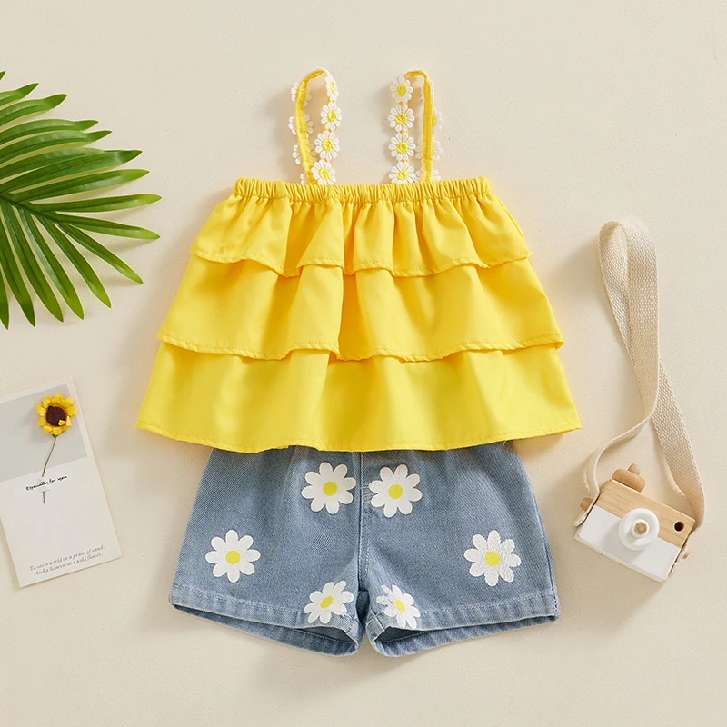 

SUNSIOM Girls Fashion Summer Clothes Shorts Sets Yellow Tiered Ruffle Camisole Daisy Print Elastic Waist Denim Shorts Sets