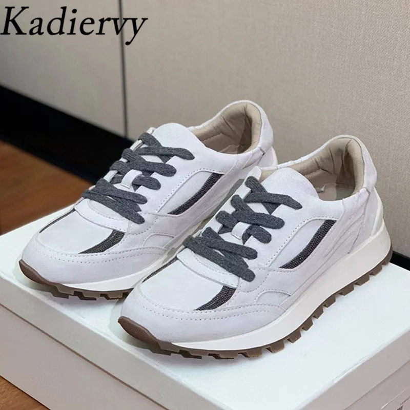 

Casual Shoes Woman Round Toe Chain String Bead Comfort Running Shoes Ladies Cow Suede Patchwork Lace Up Flat Sneakers Women