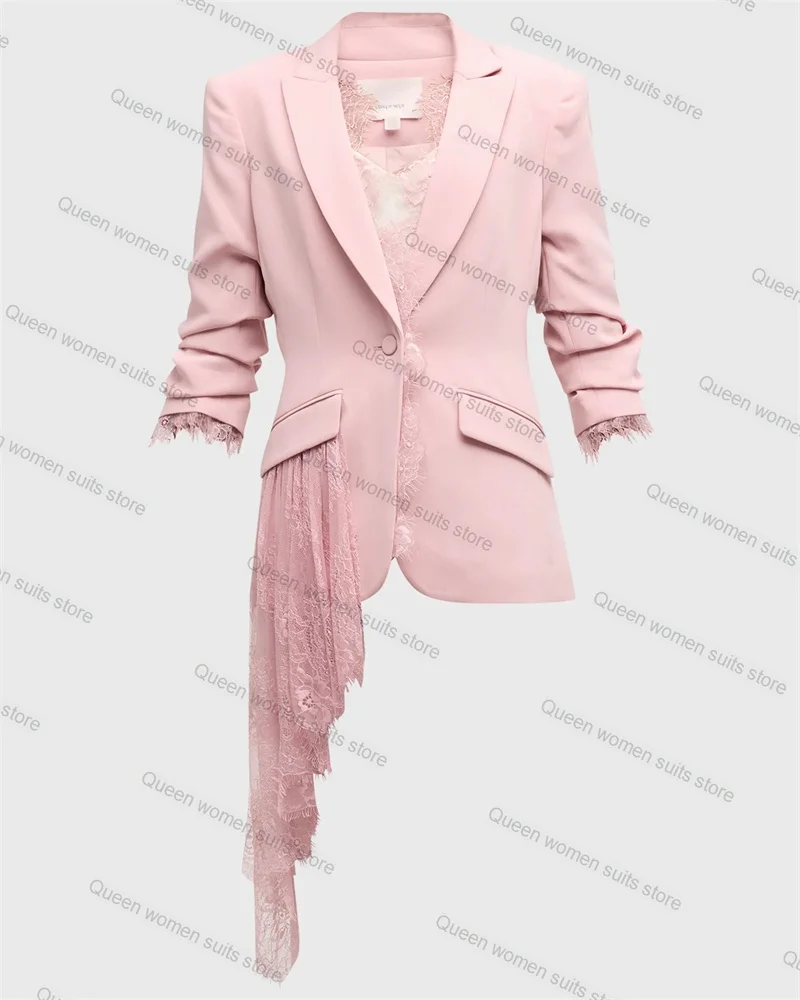 Pink Wedding Women Suit 2 Piece Blazer With Lace Strap+Pants Sexy V Neck Jacket Coat Outfit Formal Guest Prom Dress Custom Made