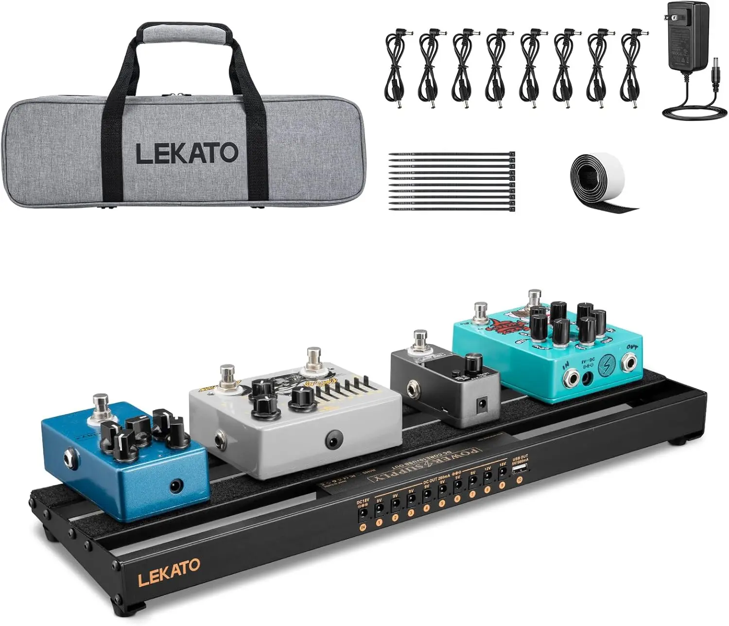 

Aluminum Alloy Guitar Pedal Board with Built-in Power Supply, 19x5.1x1.8" 1.8LB, Includes Bag, Cables, and Hook Tape