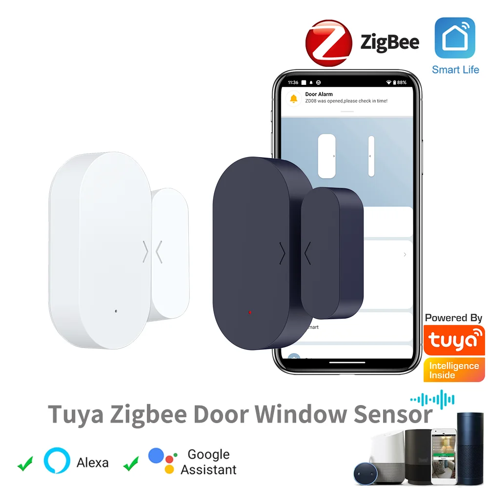 Tuya Zigbee 문짝 창문 센서 도난 경보, 스마트 홈 자동화 보안 보호, 스마트 라이프, 알렉사 구글 홈으로 작동 