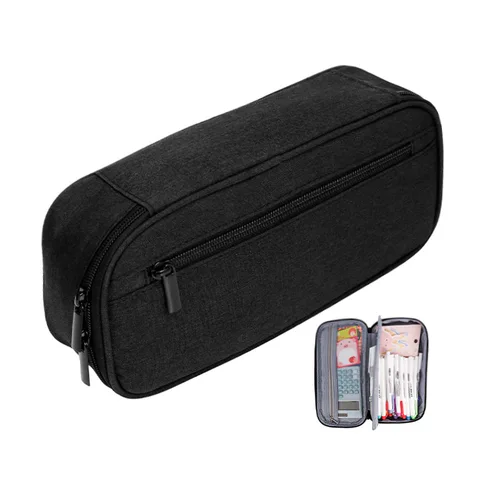 Imagen 2 del producto Estuche de lápices negro de gran capacidad, tela de lona, suministros escolares, portalápices, organizador de papelería, bolsa adhesiva, regalo, Color sólido