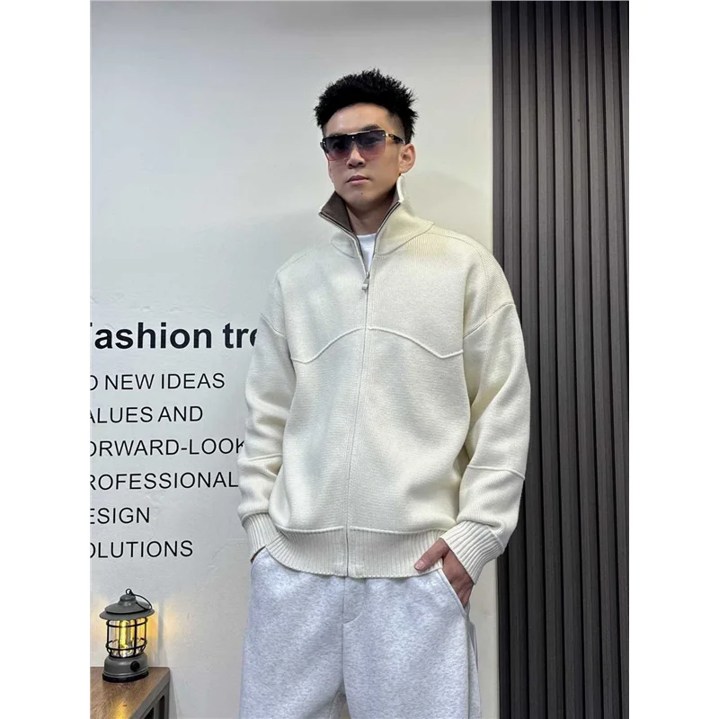 

Свободный вязаный кардиган в американском стиле, мужской свитер Lazy Sle с воротником на молнии, ранняя осень, новый модный бренд M, верхняя одежда