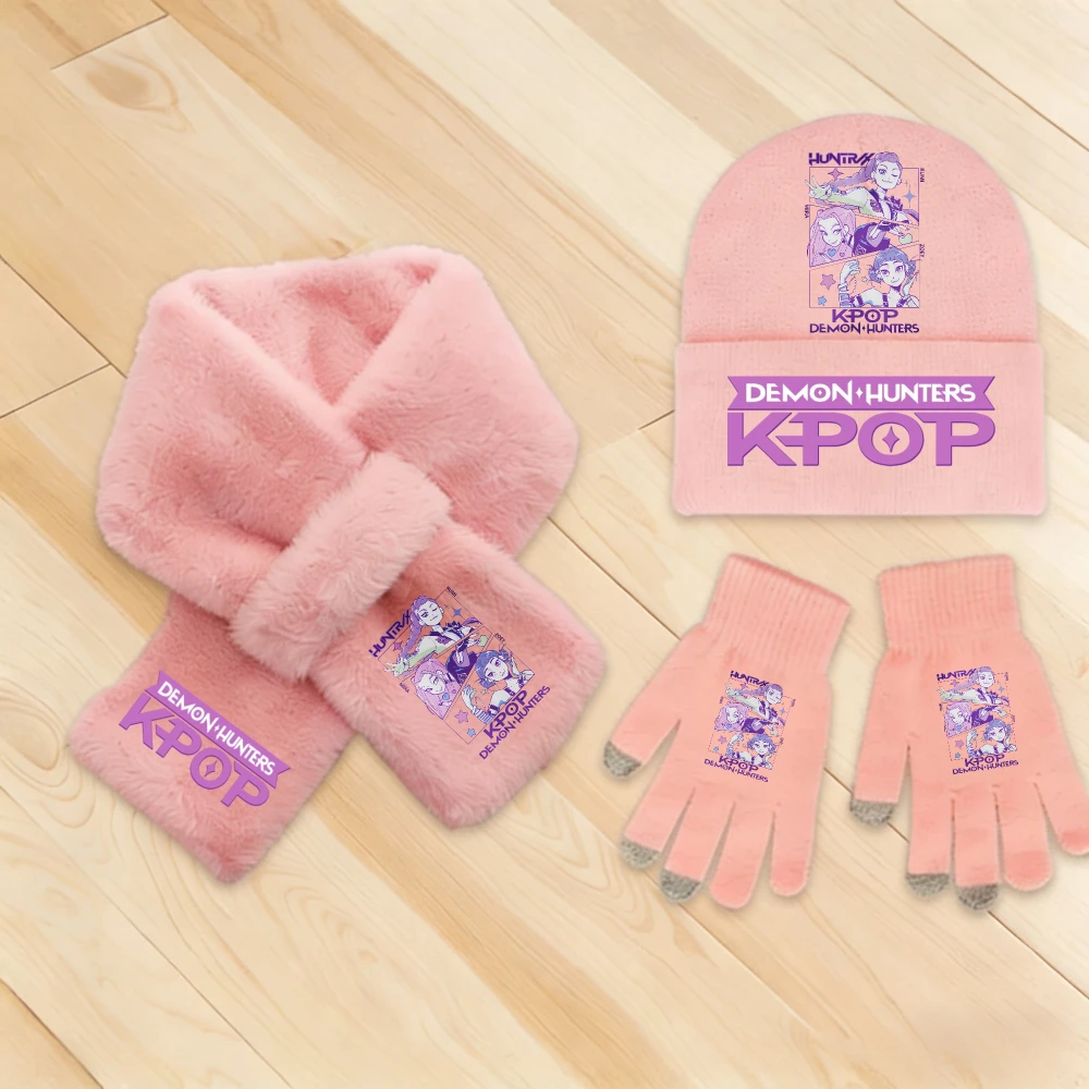 Kpop Demon Hunters 3Pcs Warm Soft Kids Girl Knit Hat Scarf Glove Set Winter Fashion Casual Accessories Perfect Christmas Gift