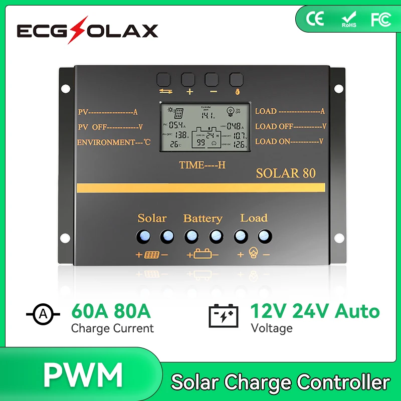 Controlador de Carga Solar Ecgsolex80a 60a 12v 24v Lcd Automático Usb Carregador de Bateria Solar Alta Eficiência Regulador Pwm