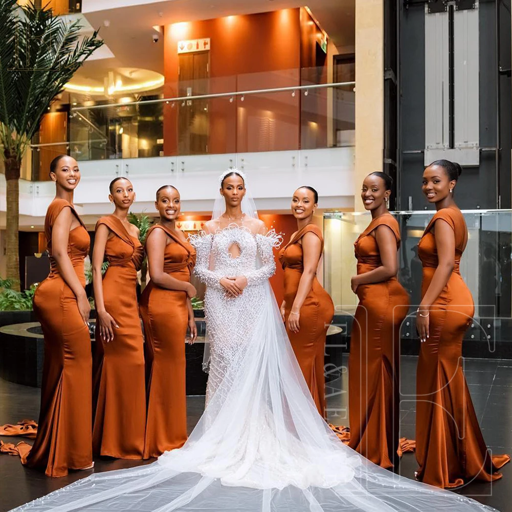 Vestidos elegantes de satén naranja quemado para bodas, vestidos de dama de honor, vestidos de invitados de un hombro para mujer, vestido de fiesta