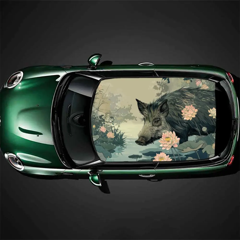 

Lotus Pond Animal Wild Boar Car Roof Sticker Wrap Racing SUV Auto Accessories Packaging PVC Car Hood Graphic Decal Decoration