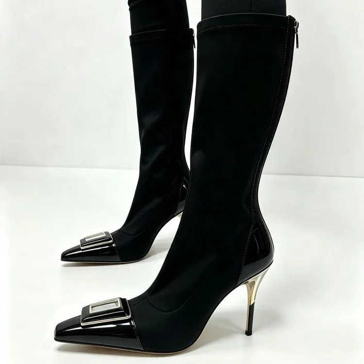 Crystal PU Leather Pointed Toe Knee-High Fashion Women Boots Stiletto High Heels Side Zipper Design Large Size Shoes