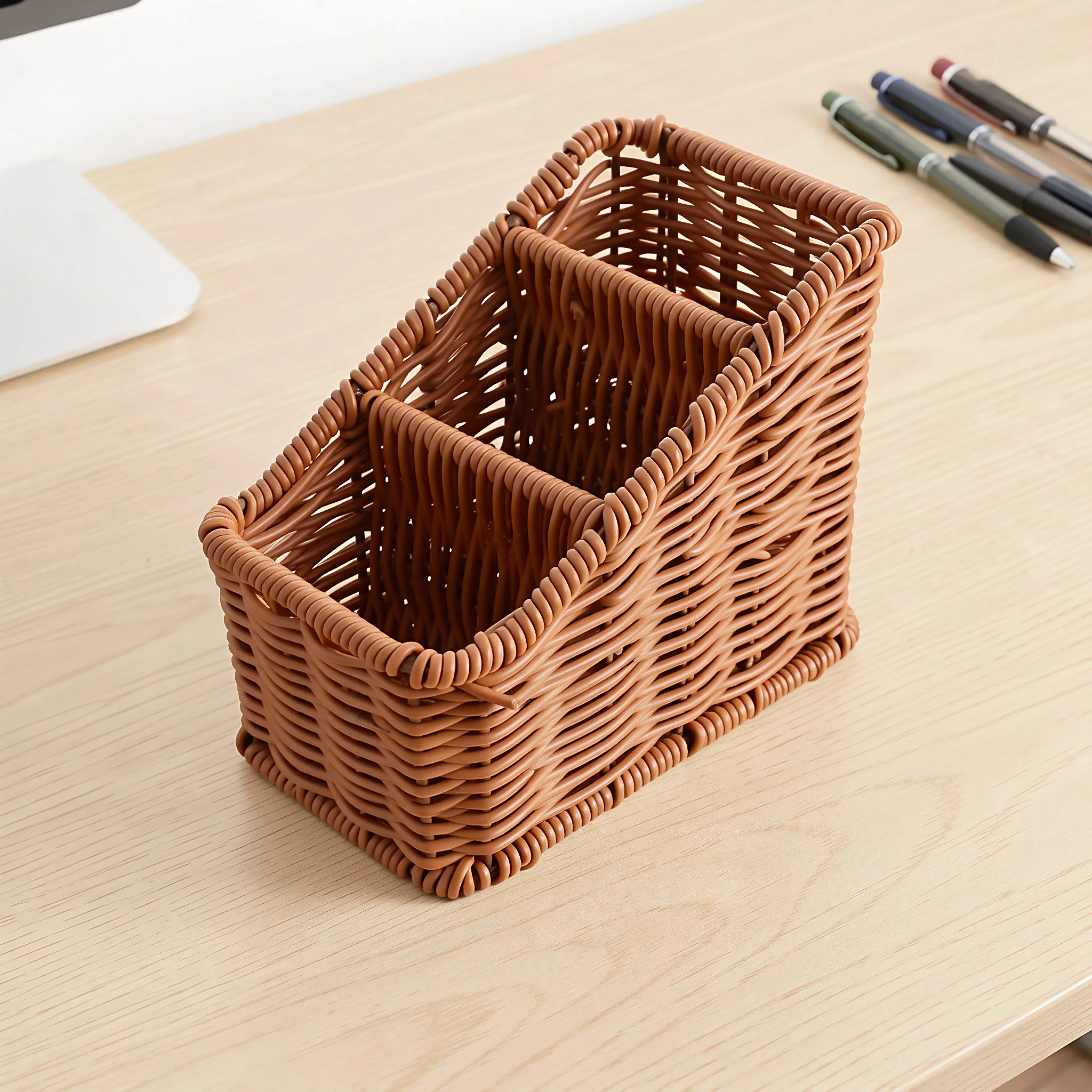 Remote Control Organizer Faux Wicker Basket with 3-Compartments Farmhouse Desk Holder Cosmetic Pen Storage Basket Organizer