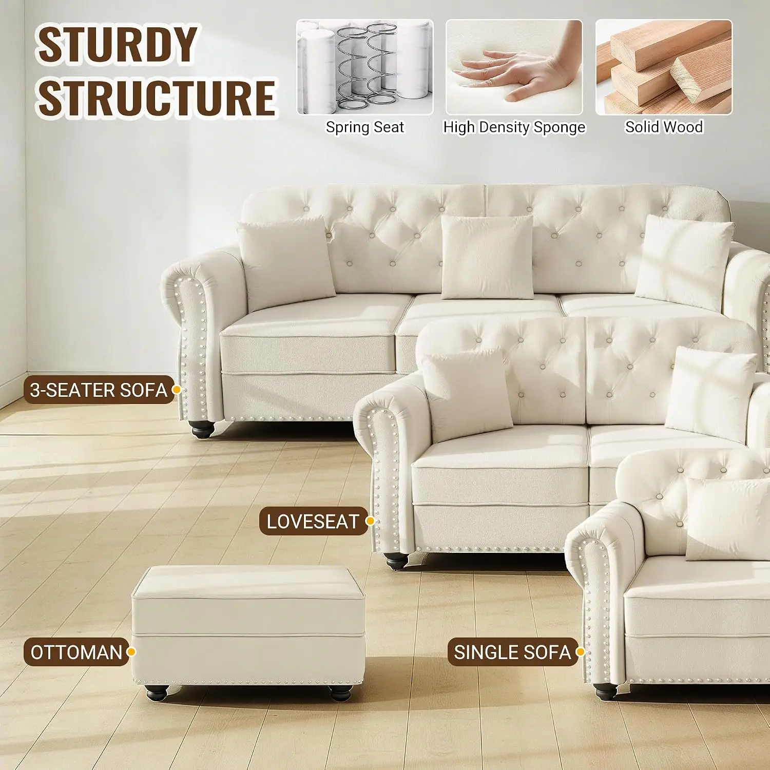 Sofa Velvet Accent Chair Nailhead Trim Rolled Arms Button Tufted Living Room Office 41.3
