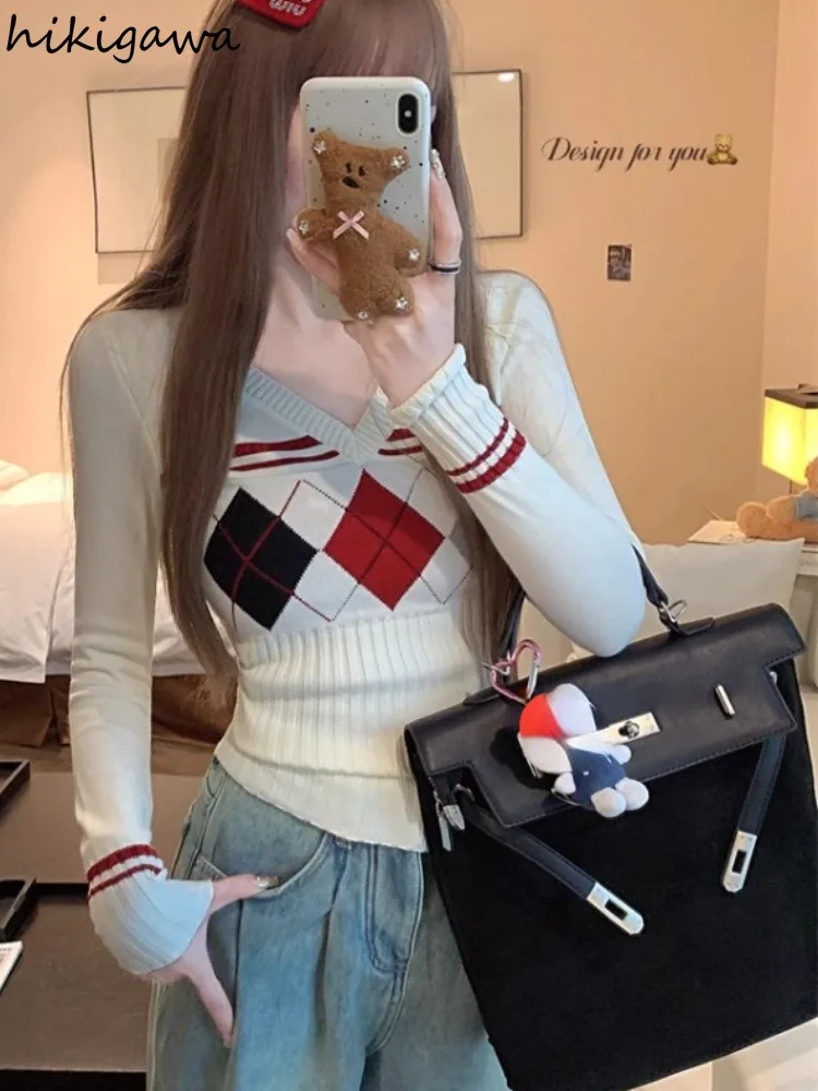 Knitwear Pullovers Women Clothing Pull Femme Long Sleeve V-neck Tunic Jumper Sueter Mujer Plaid Casual Chic Knit Sweater Tops