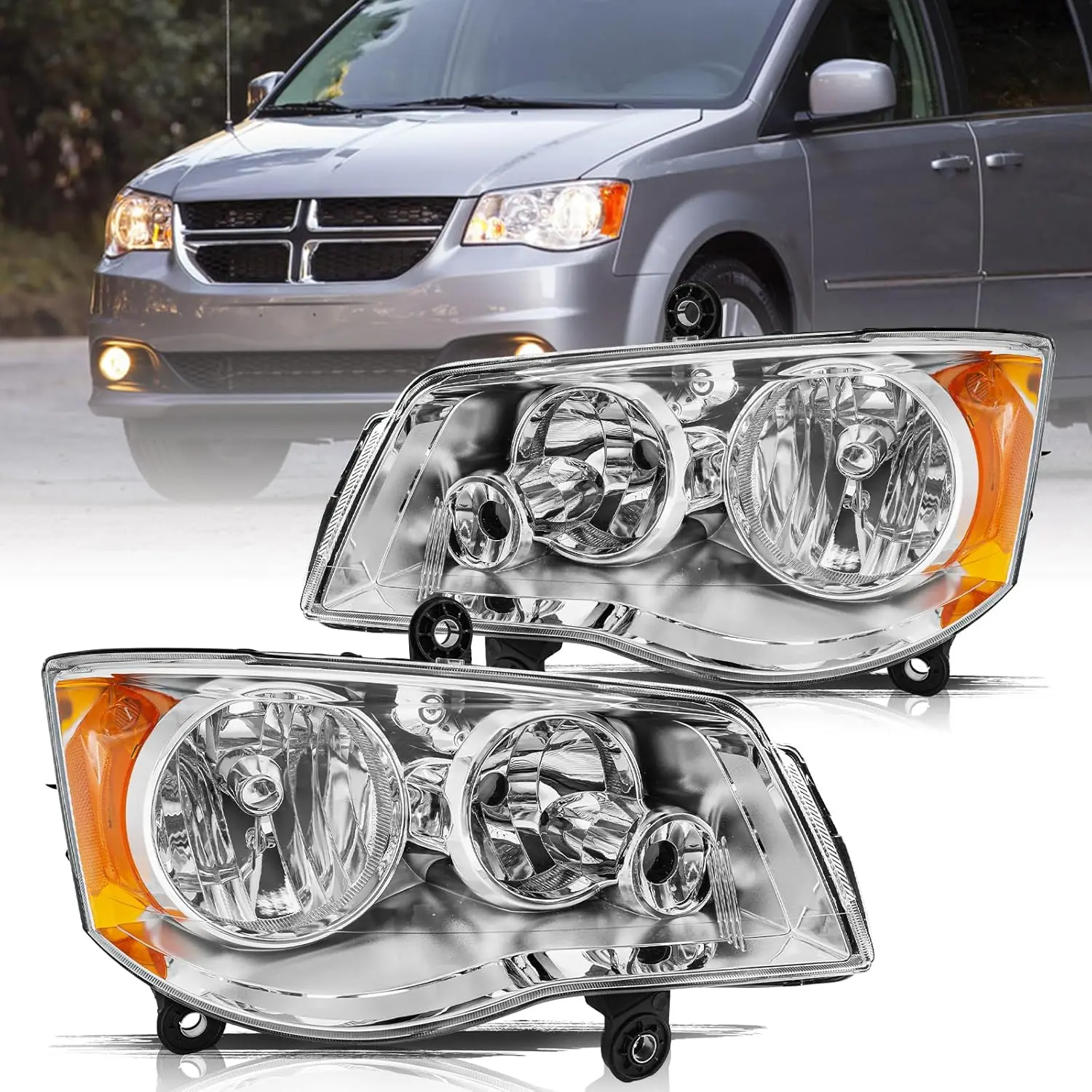 Compatible with 2011-2020 Dodge Grand Caravan / 2008-2016 Chrysler Town and Country Chrome Headlamp, OE Replacement Headlight As