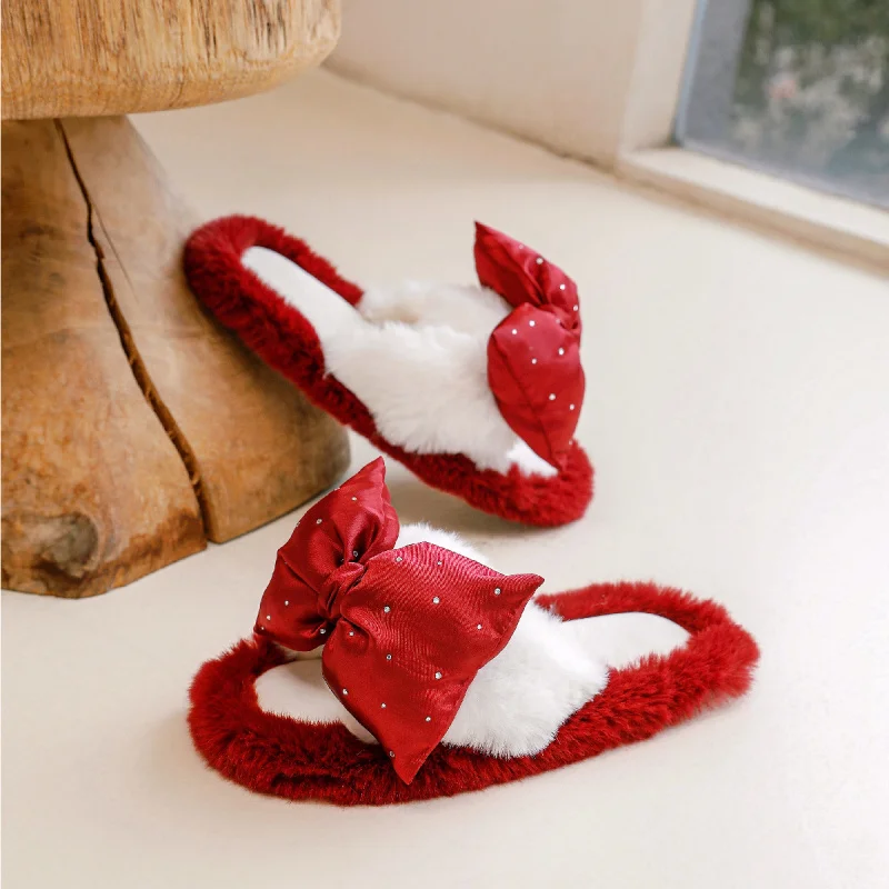 

Women's Winter Fuzzy Slippers with Rhinestone Bow, Plush Fleece-Lined Cozy Indoor House Shoes Non-Slip Warm Home Mules