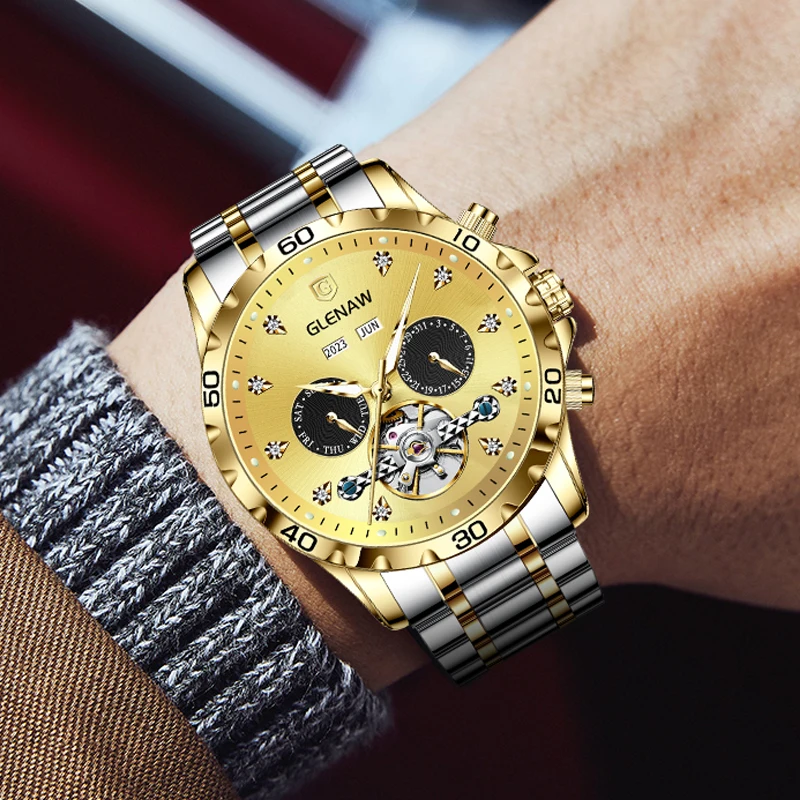 2023 greenaw orologio meccanico da uomo alla moda con quadrante diamantato cronografo multifunzionale in acciaio inossidabile impermeabile luminoso