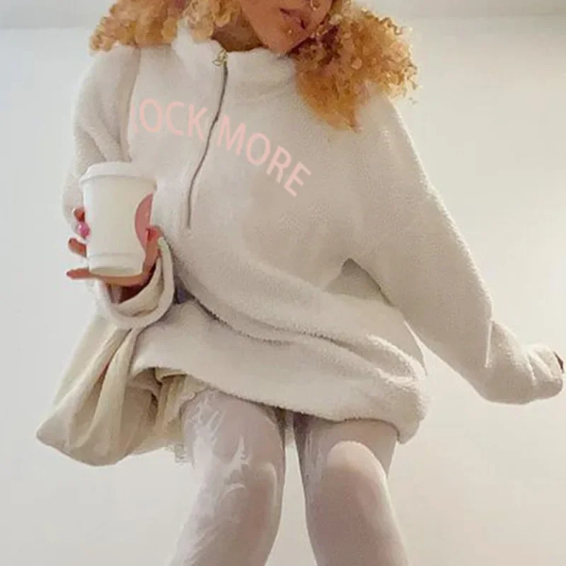 Sudaderas con capucha bordadas con letras blancas para mujer, jersey de manga larga, cuello alto de lana, Tops con cremallera, ropa de calle femenina, Invierno