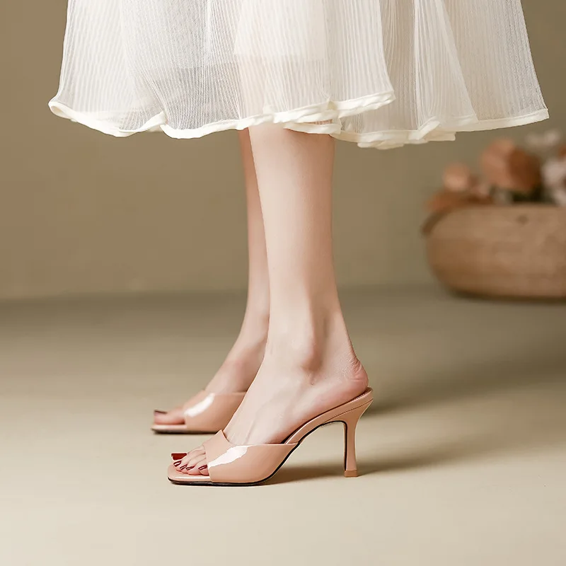 Women's Summer New Sexy Square Toe Designer Leather High Heels Outdoor Banquet Party Comfortable Slip-On Ladies Sandals Zapatos